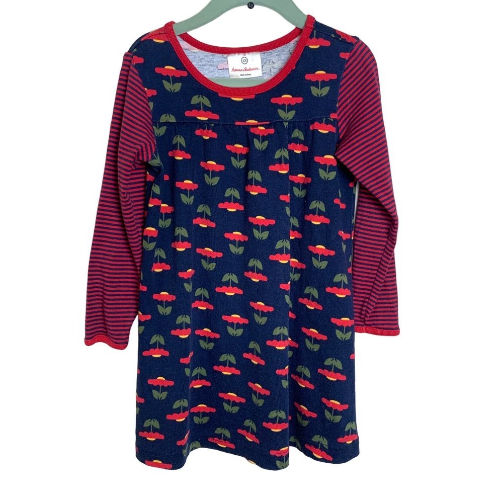 Hanna Andersson Navy Blue Floral Stripe Cotton Play Dress Size 100